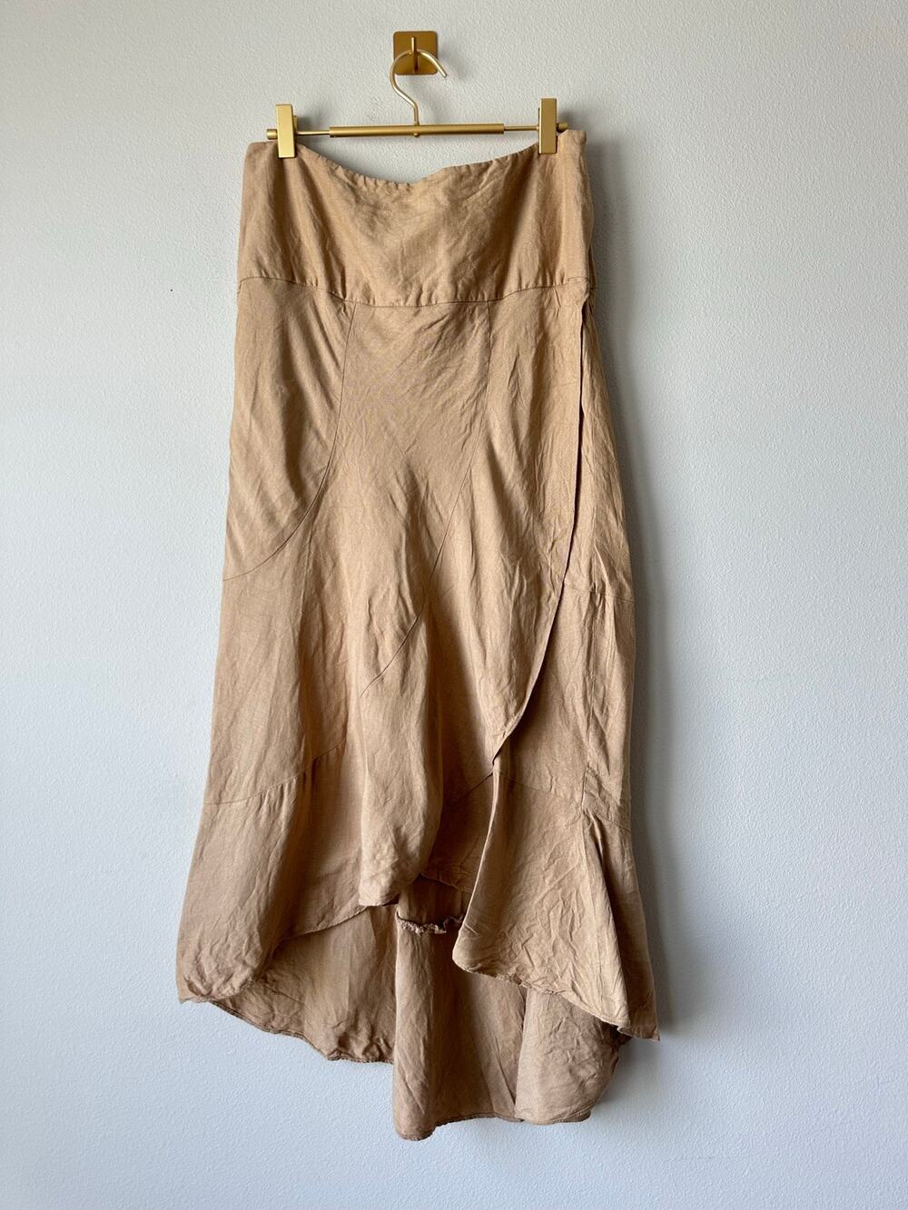 Linen Blend High Low Asymmetrical Maxi Skirt Tan Coastal Boho Resort M